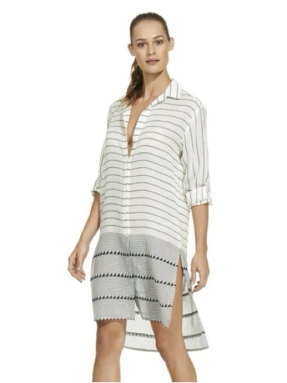 blue island White Dress Shirt with Navy Stitching Beach Cover Up Indigo